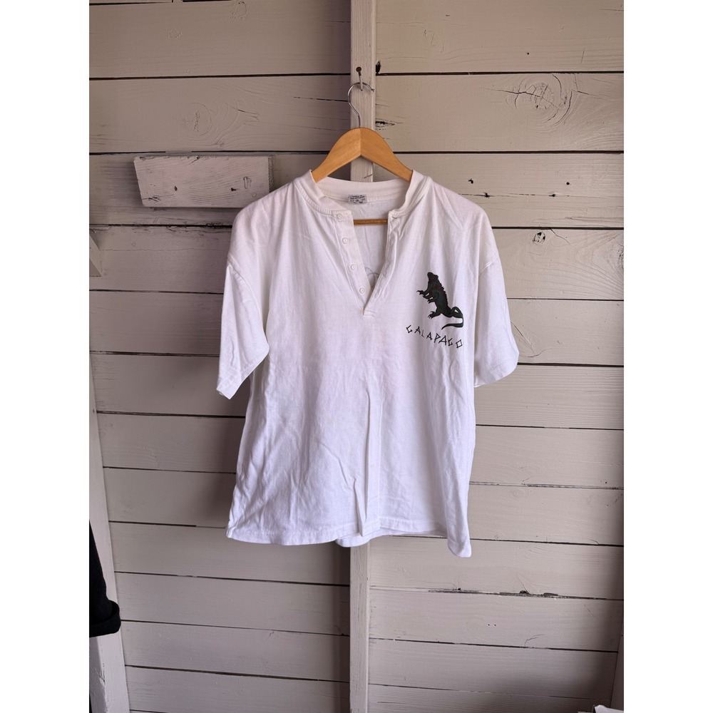 Vintage 80s Endemicas Galapagos Henley Shirt White Cotton Iguana Alta Sailboat L